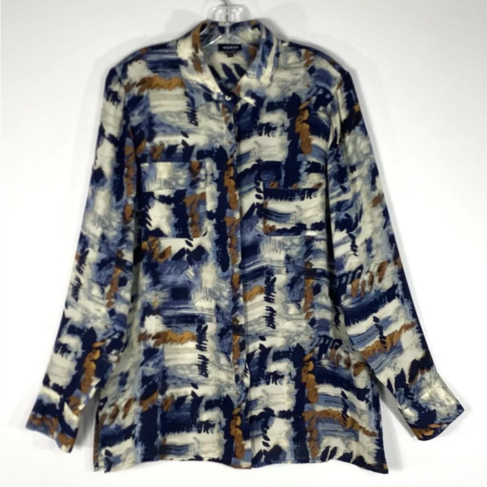 WORTH NY Silk Lafayette Geometric Print Art To Wear  Blouse Shirt Sz M